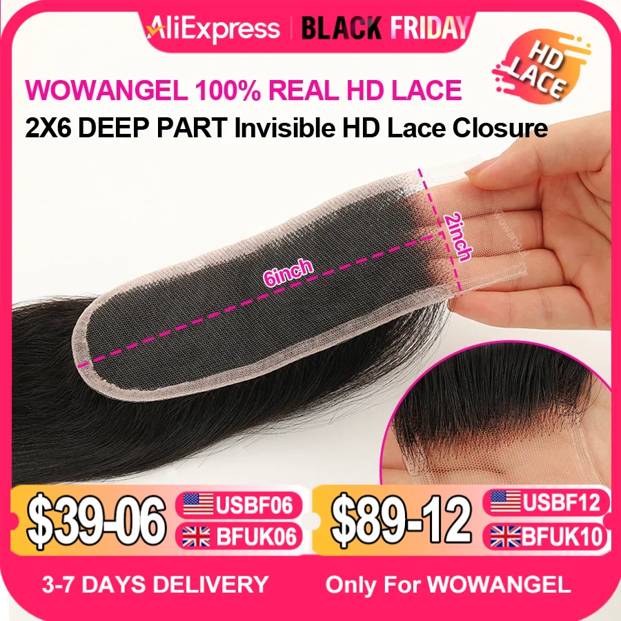 WOWANGEL 2x6 Deep Parting HD Lace Closure Frontal Only Melt Skin Straight Hair Kim K Closure Pre Plucked Virgin Hair For Woman