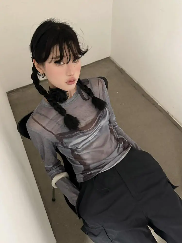 Yedinas Y2k Mesh Tops Long Sleeve T Shirt Women Clothes Sheer T Shirt Women Clothes Summer Tops Chic See Through Tees Tshirts