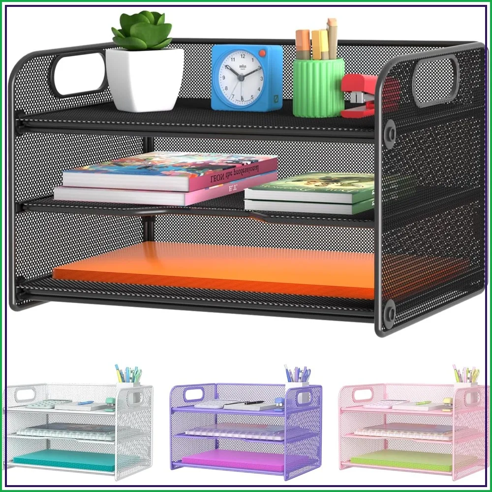 

3 Tier Letter Tray Paper Organizer with Handle, Mesh Desk Organizer Paper Sorter File Rack Shelves, Black