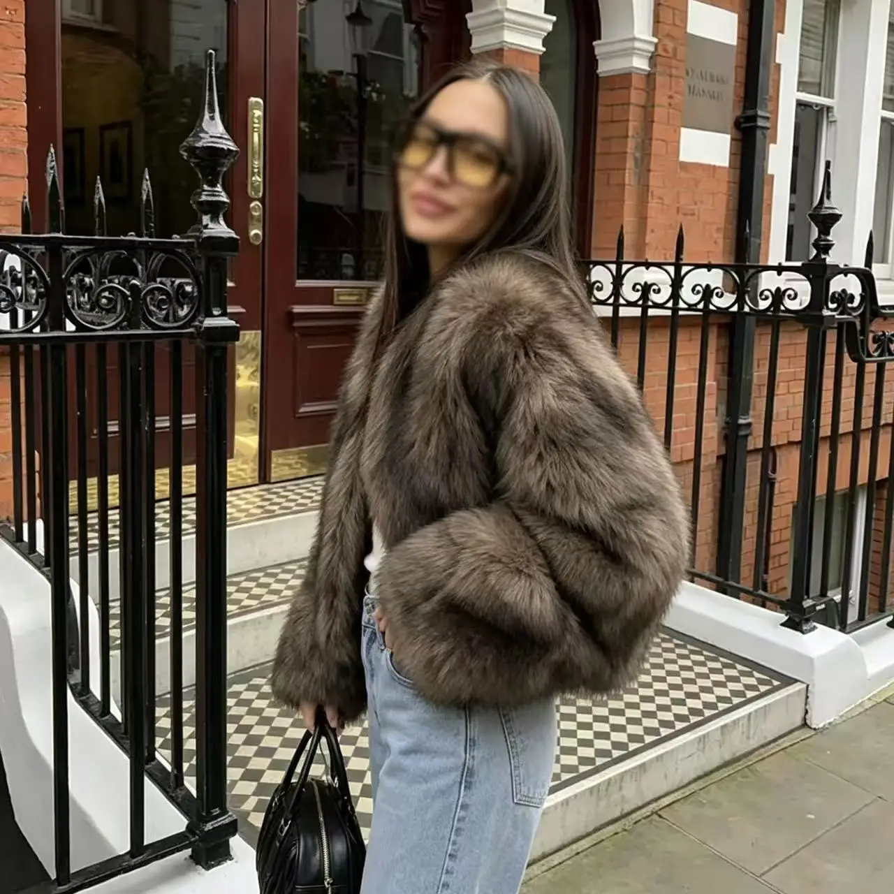 Women Faux Fur Coats Solid Fur Jackets Cotton Linen Round Neck Long Sleeves Open Stitch Loose Casual Office 2026 Autumn Winter