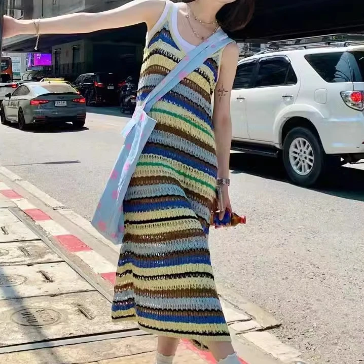 

Summer Colorful Beachwear Boho Casual Women V-neck Tank Striped Knitted Sleeveless Long Tank Dress New Arrival Fashion