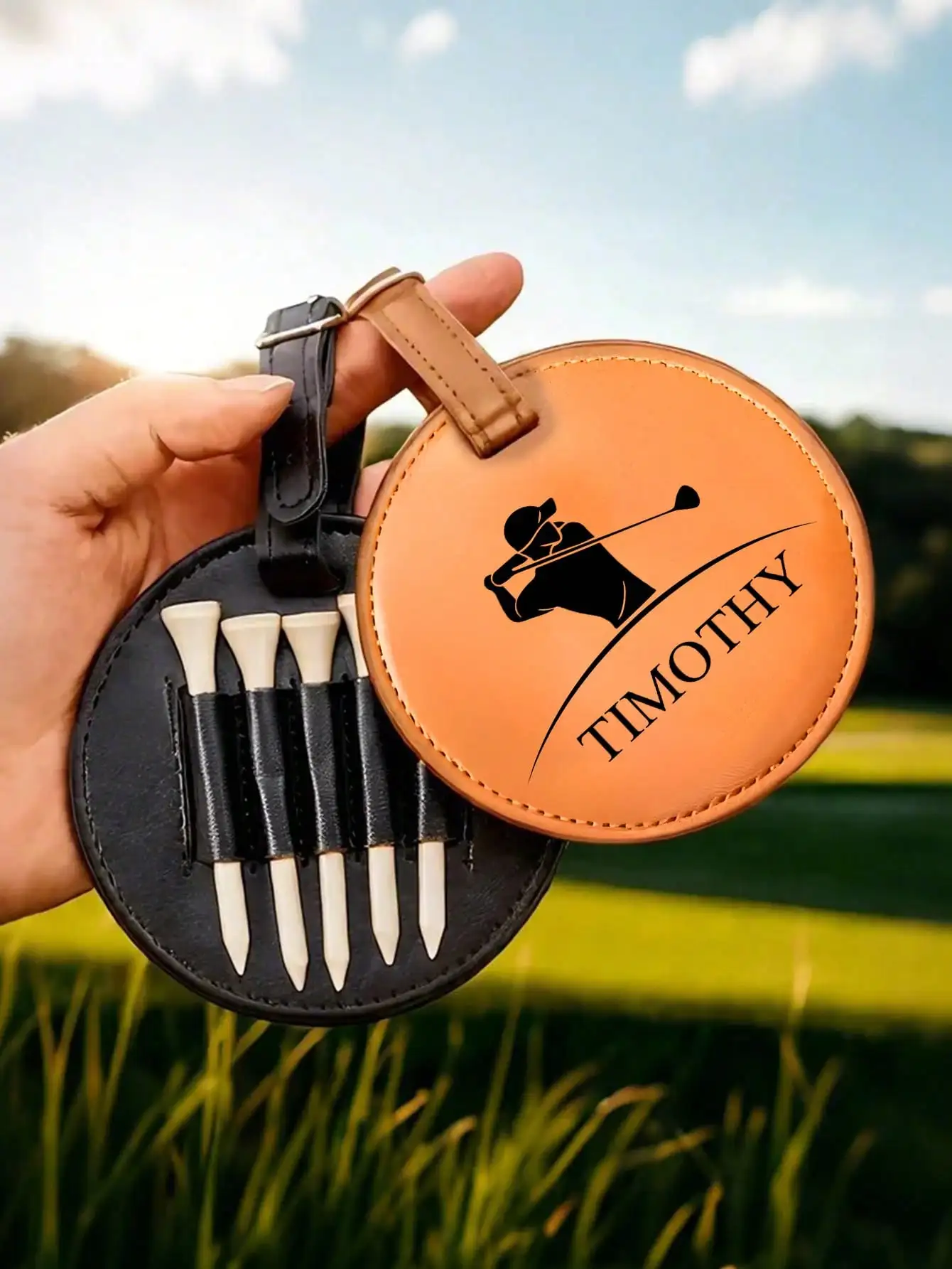 Custom Name Leather Golf Bag Tag Golf Tee Holder Personalized Golf Gift for Dad Boyfriend Groomsman Black Brown Golf Accessories