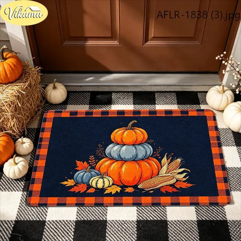 VIKAMA Fall Doormat Washable Navy Blue Orange Plaid Border Stacked Pumpkins Corn Harvest Front Door Mat Rug Non Slip Home Decor