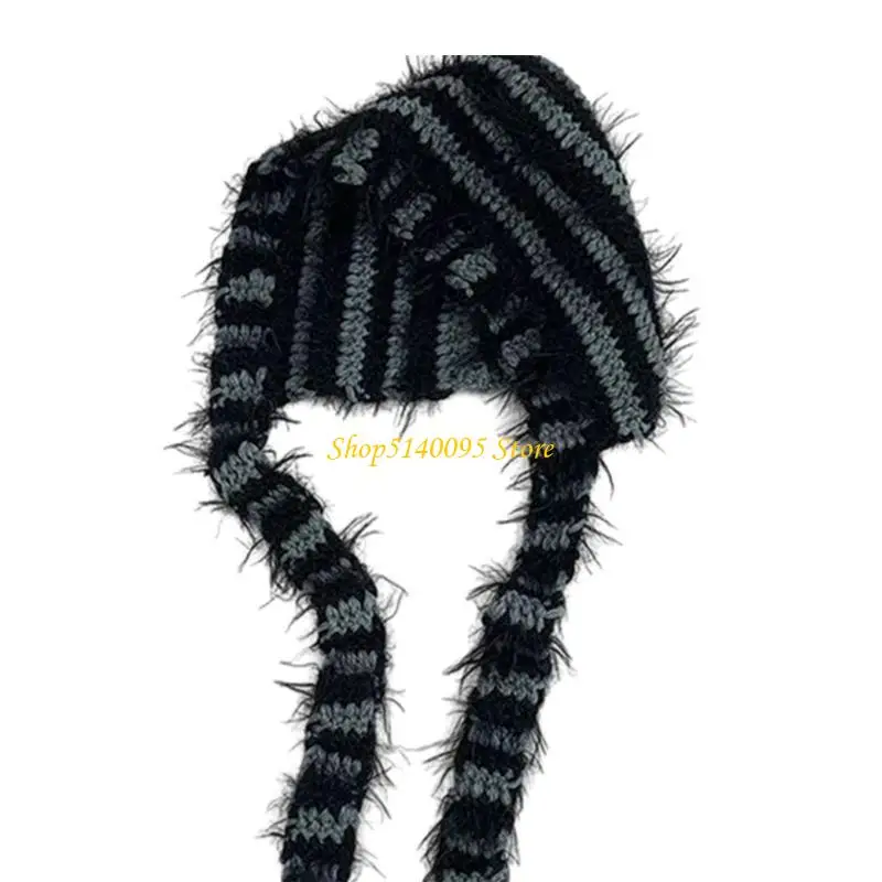 

DXAE Furry Striped Hat for Women Handmade Tieup Hat Elegant 2000s Skull Hat Pullover Hat Knitted Hat All Matching Hat