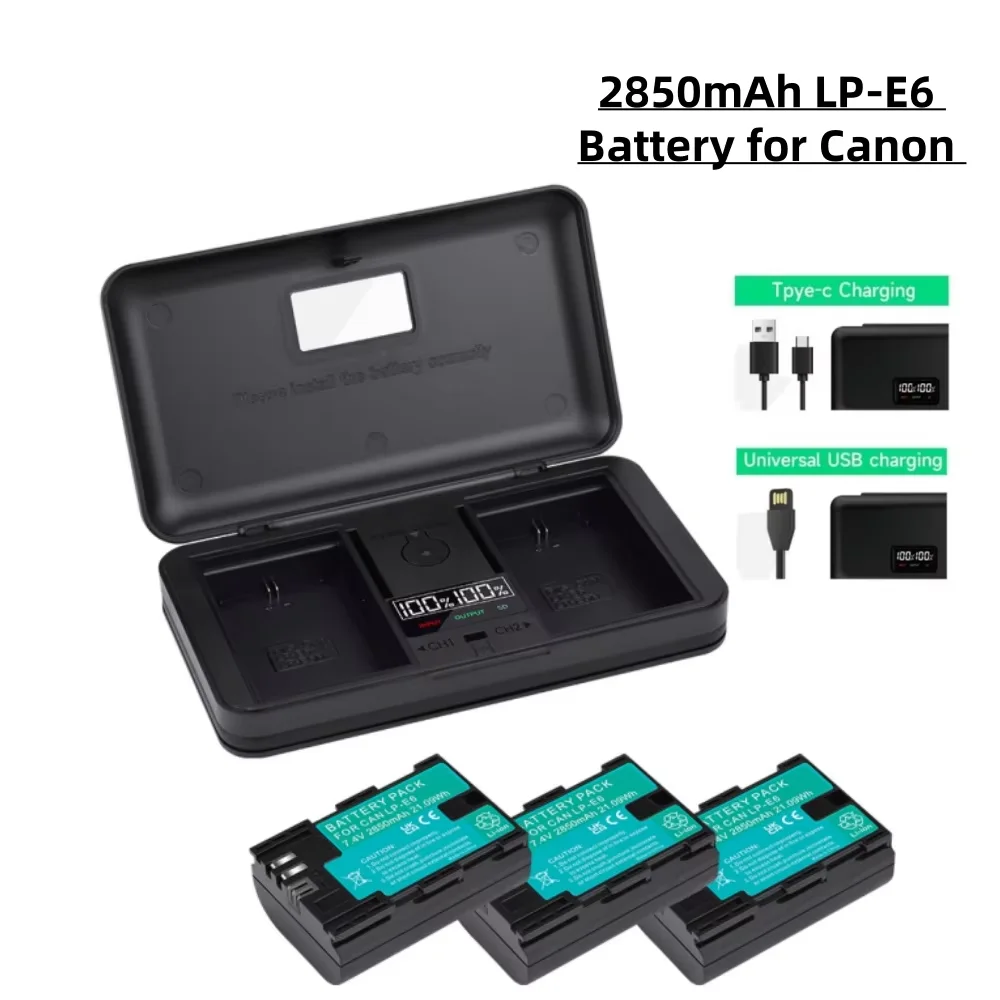 2850mAh LP E6 LPE6 LP-E6 E6N batteria + LCD doppio caricatore per Canon EOS 6D 7D 5D Mark II III IV 5D 60D 60Da 70D 80D 90D 5DS R5 R6