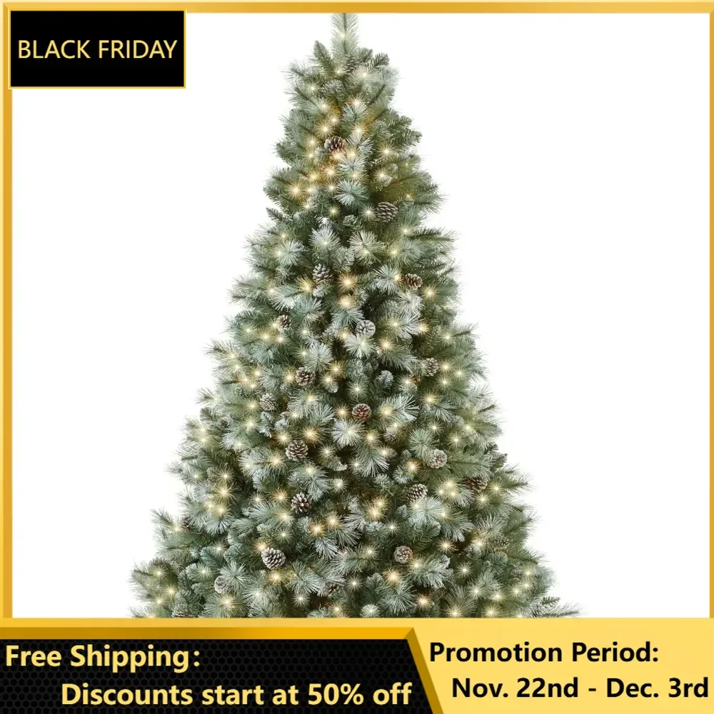 9ft Pre-Lit Scotch Pine Christmas Tree, Frosted Pre-Decorated Artificial Holiday Decor W/ 2,020 Branch Tips, Cordless Setup