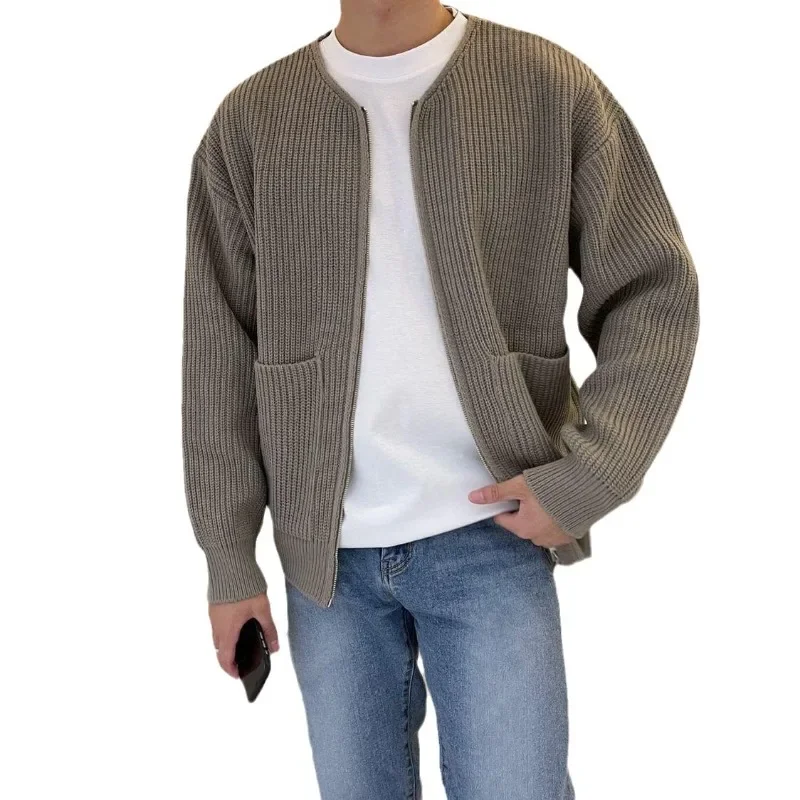 Men\'s Solid Color Slim-Fit Cardigan Zipper Sweater Autumn and Winter Sweater Coat Top Men Long Sleeve Stand Collar Sweater Coat