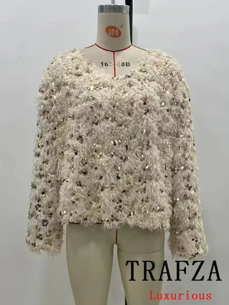 TRAFZA Vintage Chic Women Sweater Solid Pullover Sequined Long Sleeve Knitted Loose Sweater Fashion 2024 Autumn Winter Tops