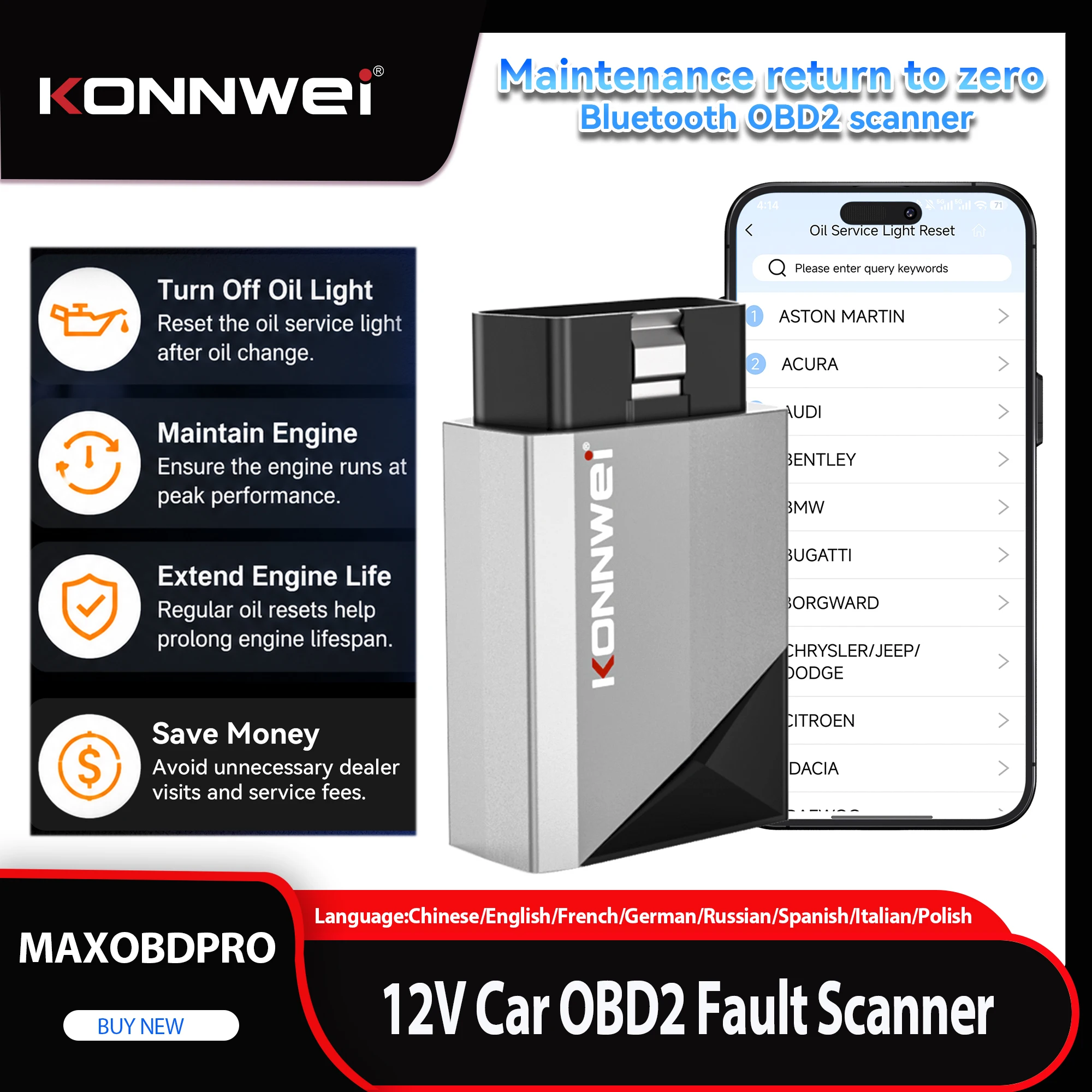 2026 KONNWEI MAXOBDPRO Bluetooth OBD2 Scanner Car Diagnostic Tool Oil Reset Function Auto Fault Code Reader for 12V Gas Vehicles