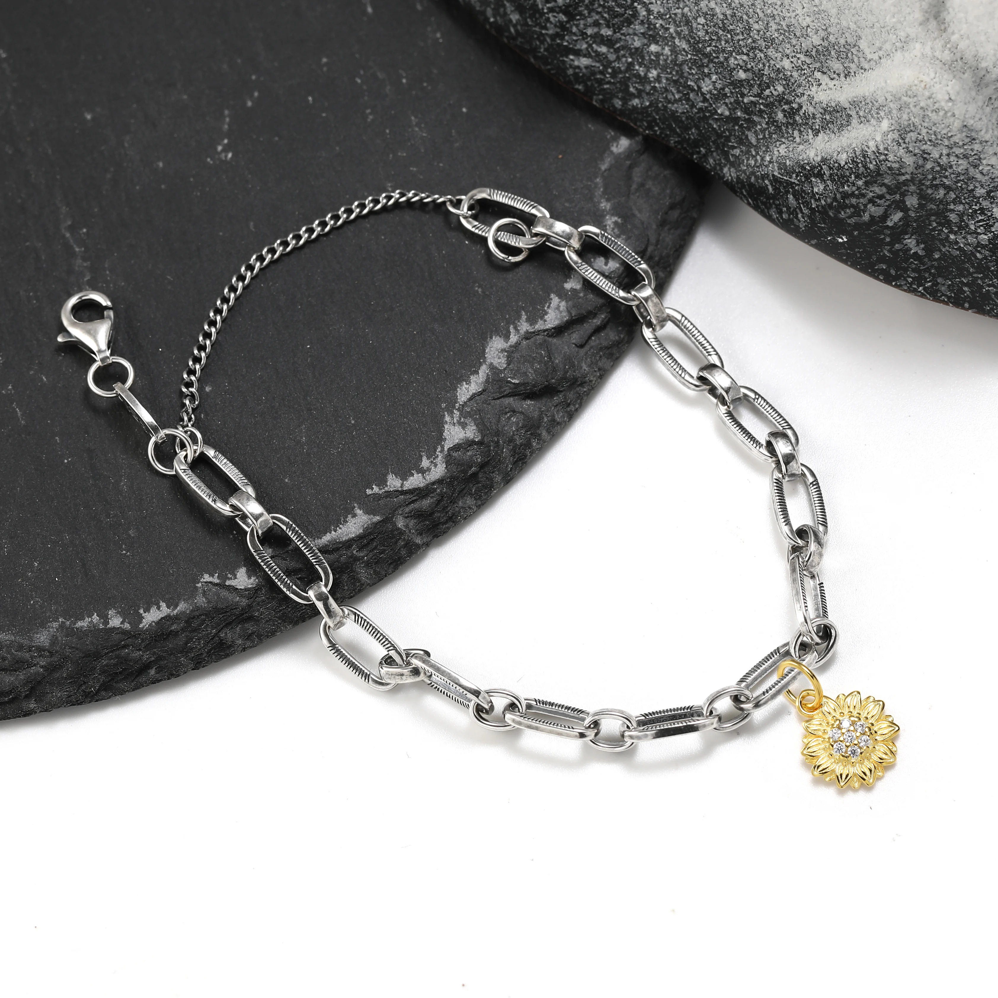 

Genuine 925 sterling silver exquisite Ornate Links Charm Bracelet paired with Golden Sunflower pendant
