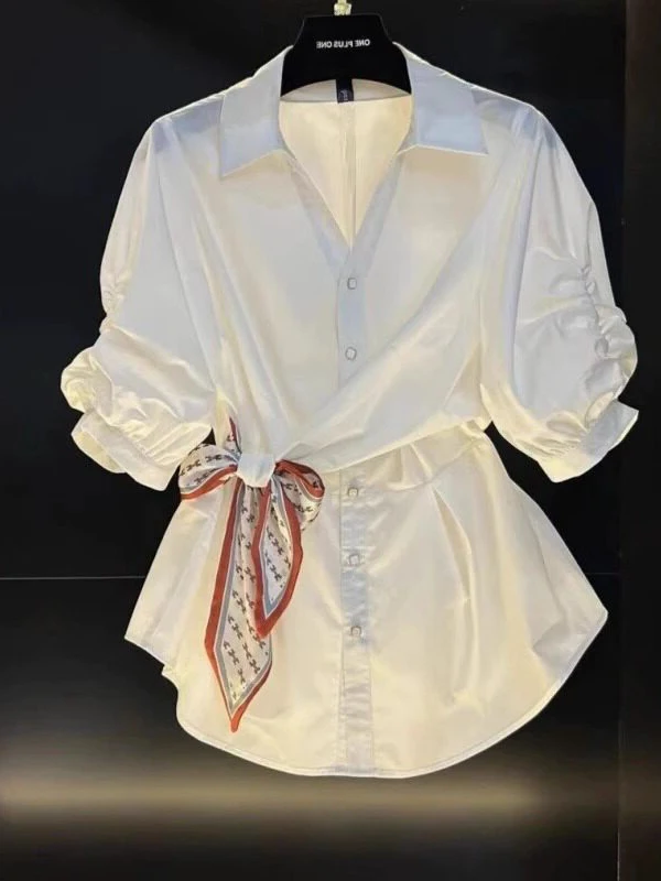 Elegant White Chiffon Shirt Women's Summer 2026 New Style Slim Fit Short Sleeve Shirt Korean Version Loose Fit V-neck Daily Wear