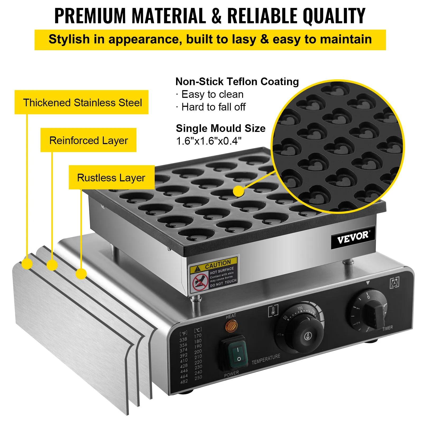 VEVOR Mini Dutch Pancake Bäcker, 25 Stk. Dutch Mini Pfannkuchen Maschine 850W Automatische Poffertjes Grill 0-5 min Waffeleisen, Poffertjes Maschine Waffel in Herzform für  Bäckereien, Cafeterias