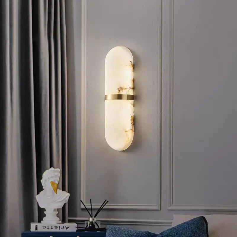 Modern Elegant Gold Band Natural Marble Long Capsule Wall Sconce Light Fixture for Living Room Bedroom Entryway Decor