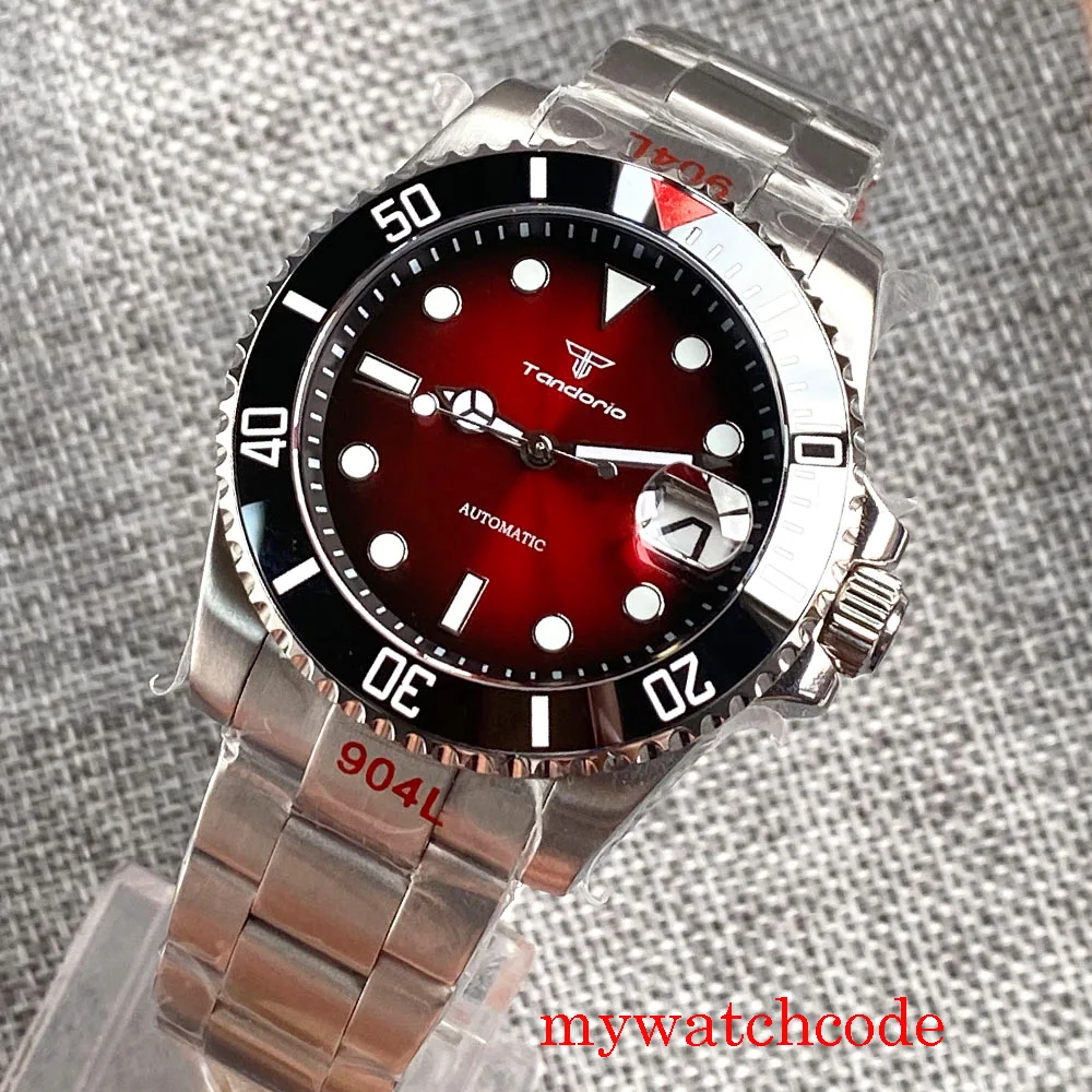40mm Tandorio marka NH35AA czerwona tarcza szafirowy kryształ świecący automatyczny męski zegarek bransoletka z ostrygami