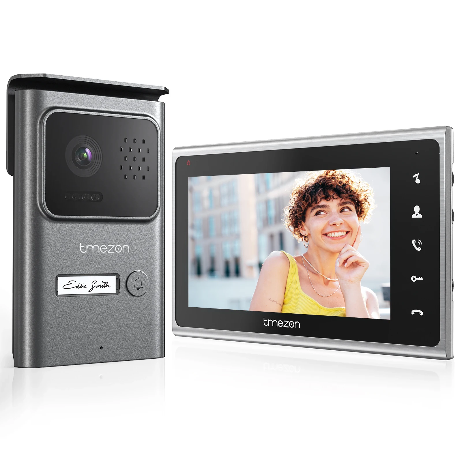 TMEZON  2 wire video door phone doorbell intercom system,7 inch monitor with wired bell, touch button,No Sd card Slot