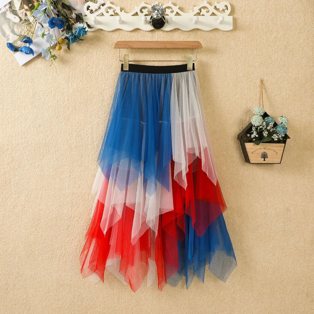 المرأة تول تنورة غير النظامية شبكة الشاش ثوب نسائي الإناث المرقعة فتاة حلوة ألف خط تنورة طويلة متعدد الألوان لطيف فستان رقص الفوال