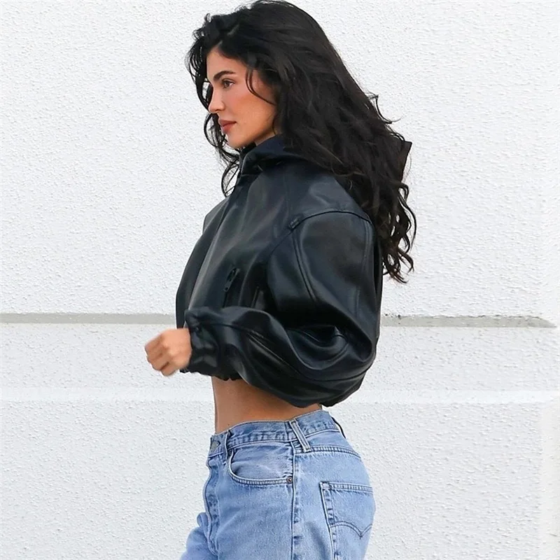 Europese Amerikaanse stijl herfst dameskleding mode lange mouwen rits korte navel slanke leren jas met capuchon imitatie