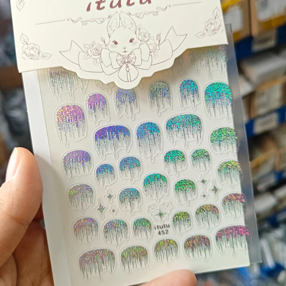 1 個 5D レーザーシルバー反射フレンチネイルステッカーホログラフィックスパークル滝タッセルデザインネイルデカール Y2K オーロラバースト