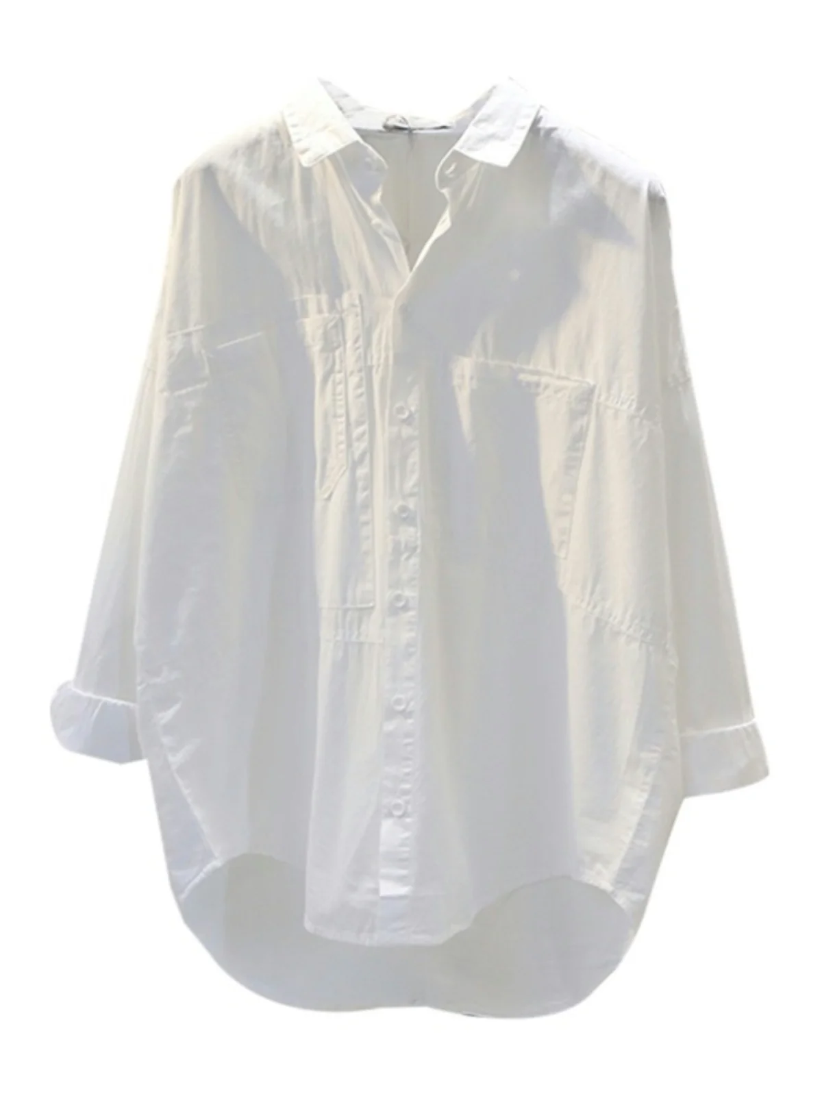

White Pure Cotton Thin irt Women's Korean Sle Top Commute Sle Collar Long Sve Mid-Length Straight Cut irt