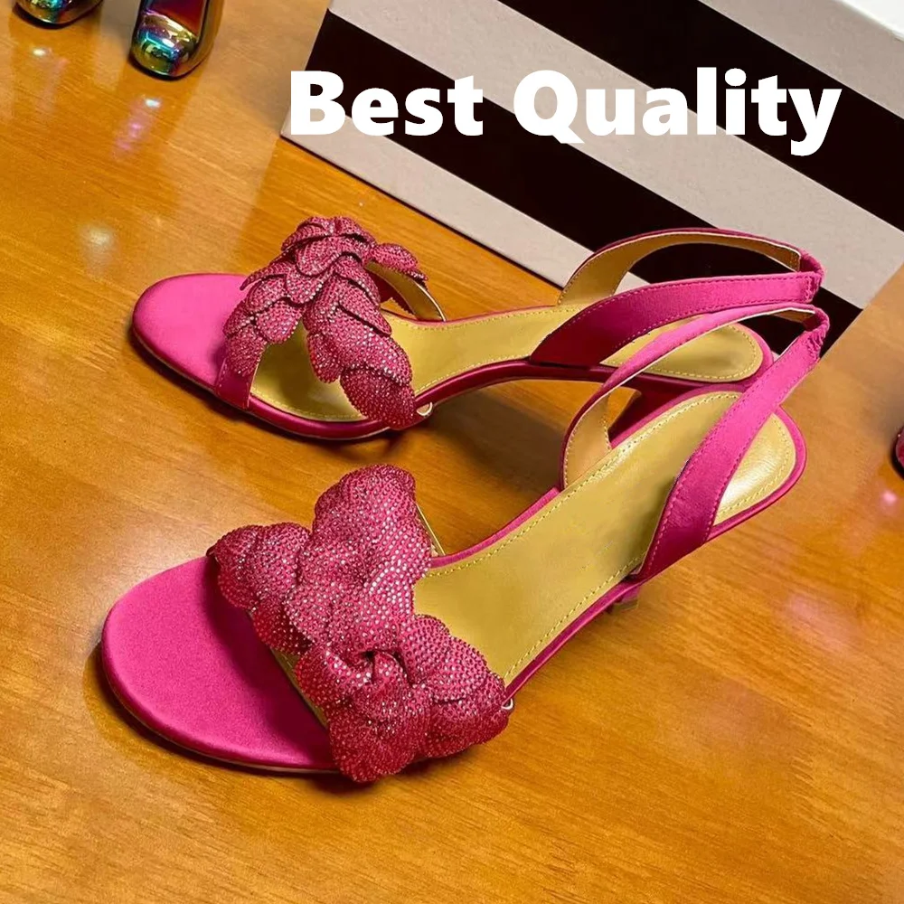 High Heel Sandals Women Satin Pink Crystal Appliqued Bridal Wedding Shoes Formal Ladies Dress Slides Flower decoration