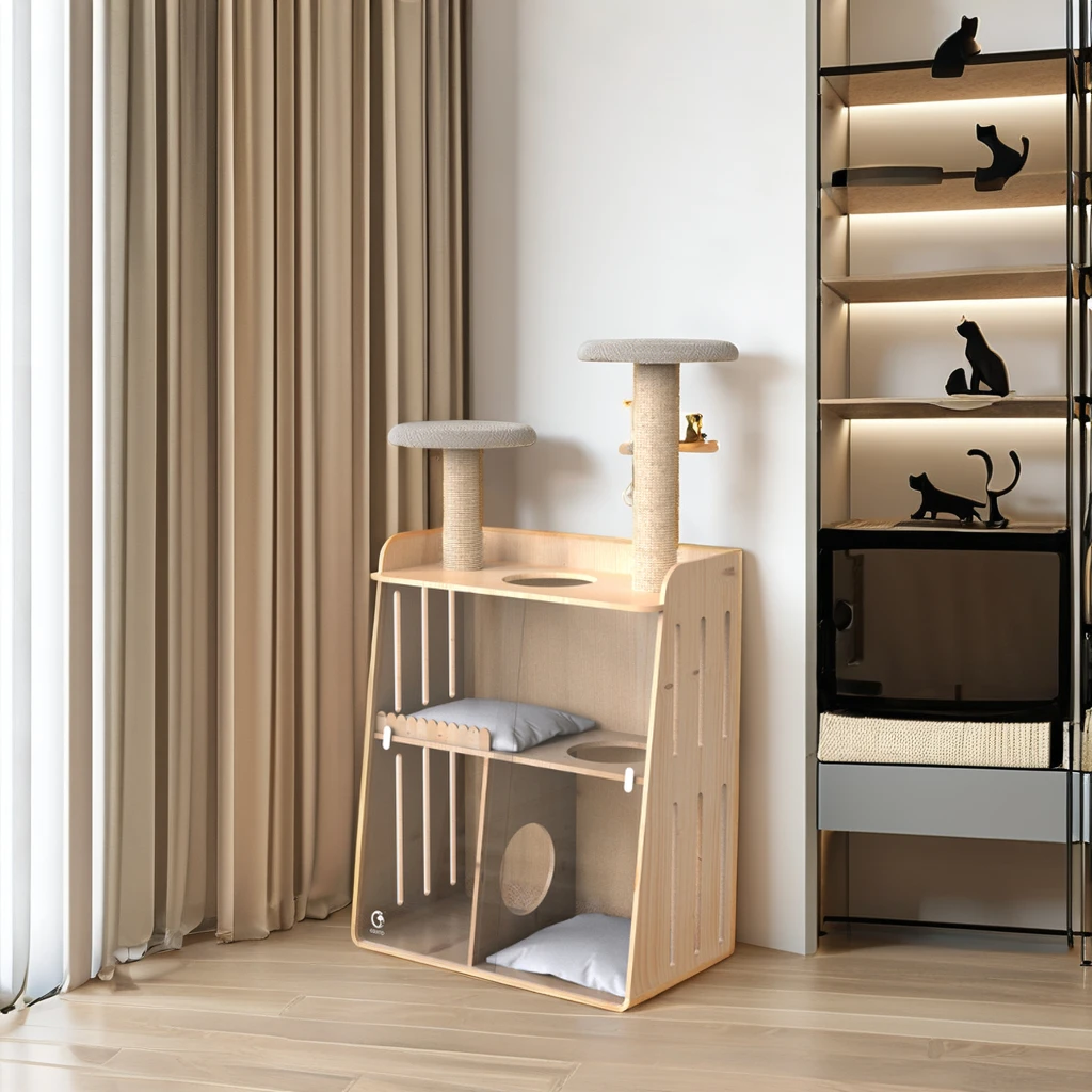 *e Friendly Double Stairs Cat Play Cabinet with Glass Door Wood & PC Material Sisal Mat Pet Interactive Movement Toys for Cats&