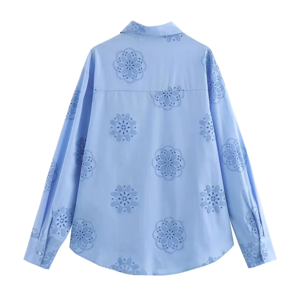 UNIZERA2024 Summer New Women's Wear Simple and Elegant, Versatile, Glue Pressed Hollow Embroidery Decorative Poplin Shirt