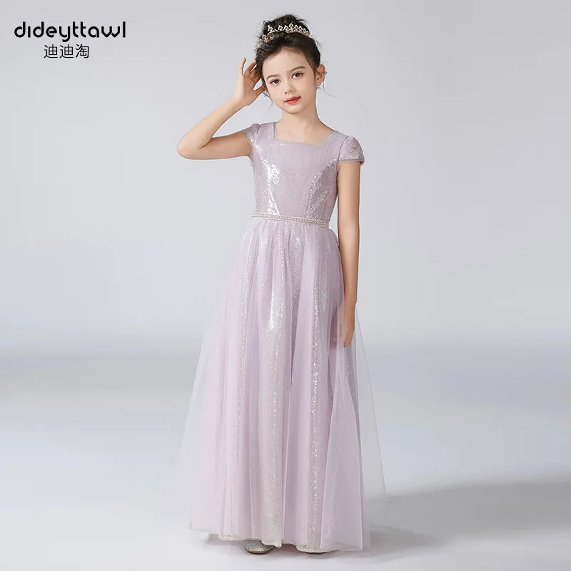 It's Yiiya Customized Flower Girl Dresses Purple Sequins Tulle Square Collar Cap Sleeves Bow A-line Floor Length Kids Gowns T151