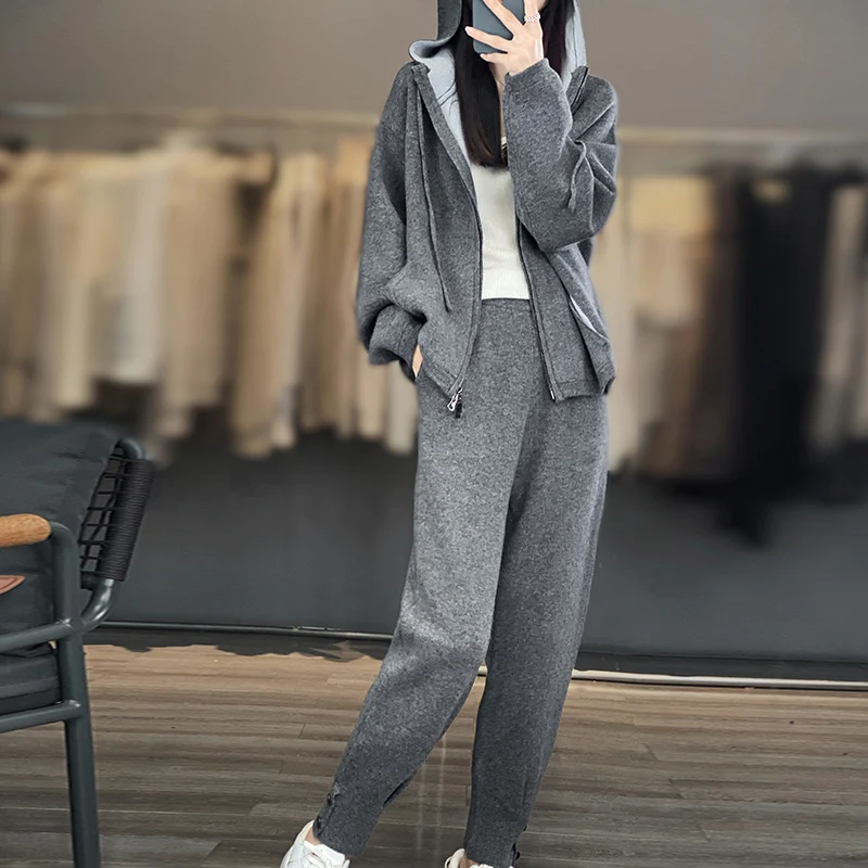 Autumn Winter New 100% Cashmere Knit Two Piece Set Women\'s Large Size Zipper Hooded Cardigan Korean Fashion Small Leg Pants Suit