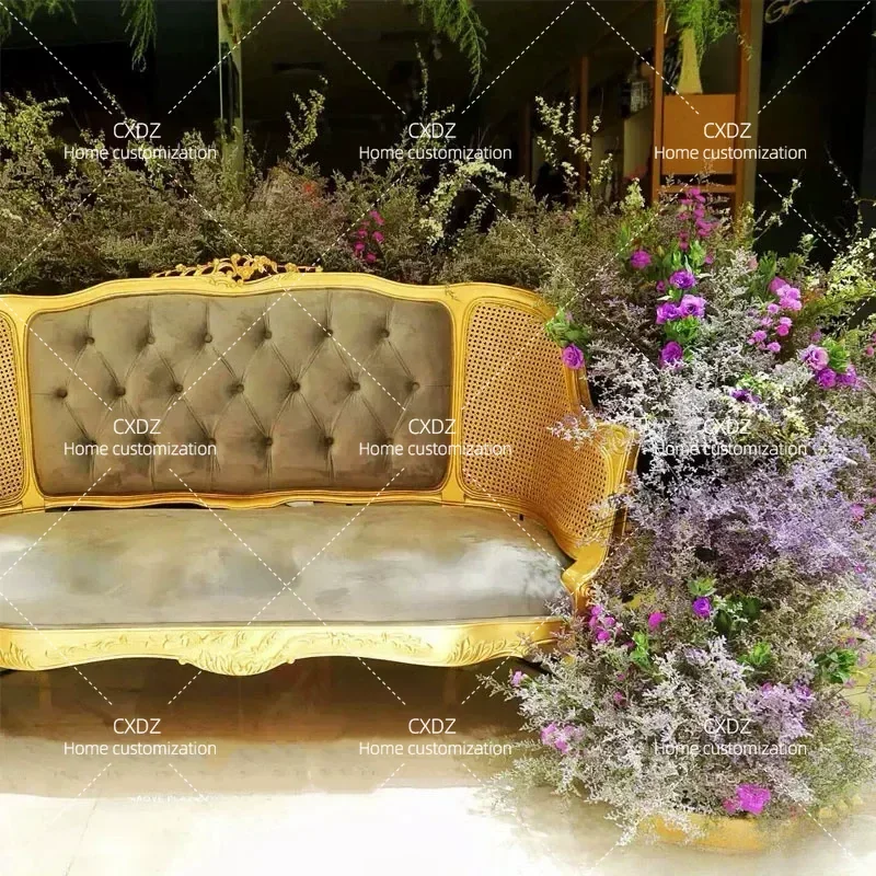 Solid Wood Rattan Carved Flower Sofa High End Villa Living Room Furniture Golden Wedding Photography Prop Elegant Seating
