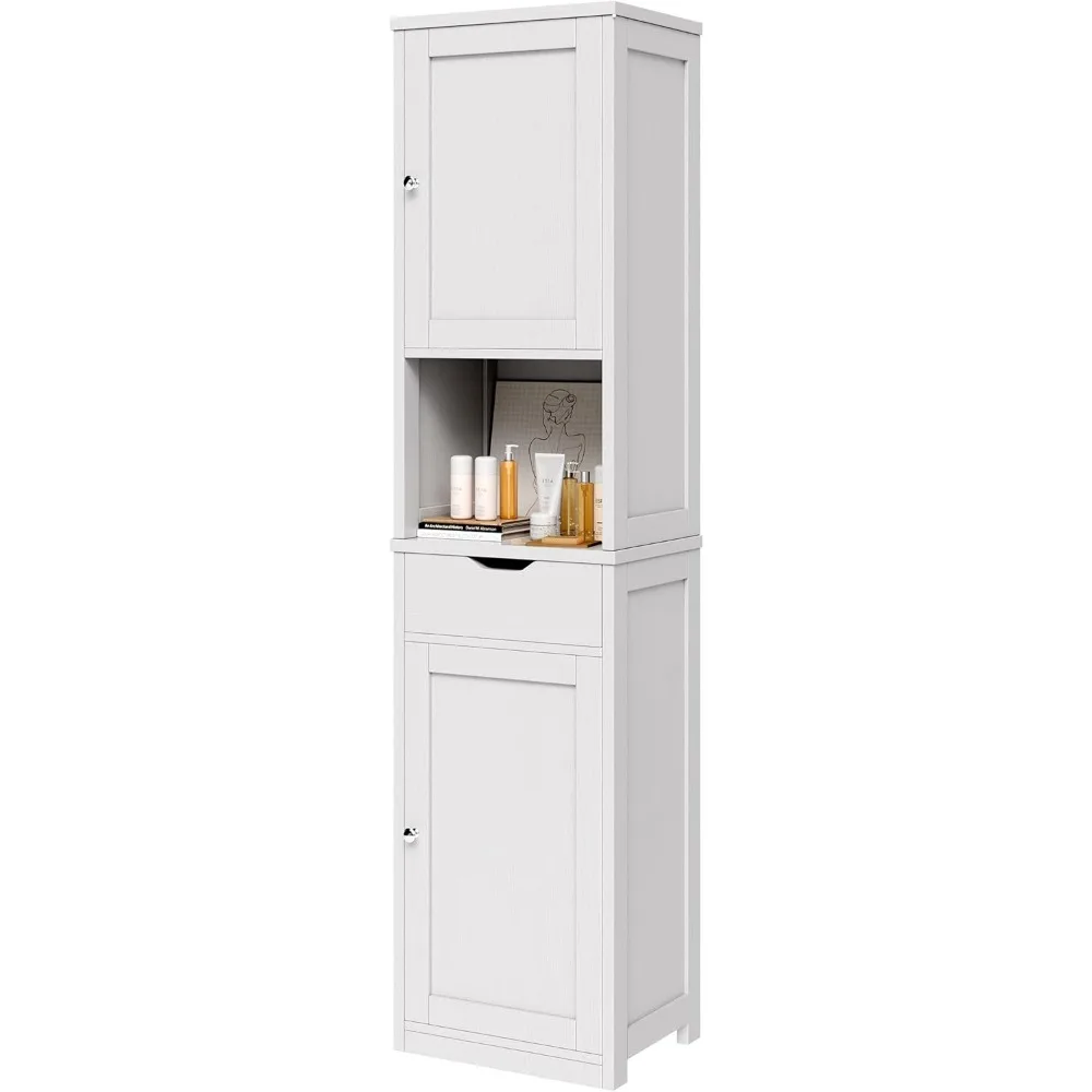 Tall Bathroom Storage Cabinet, 64”H Narrow Storage Cabinet for Small Spaces, Freestanding Modern Bathroom Cabinet with Adjustab