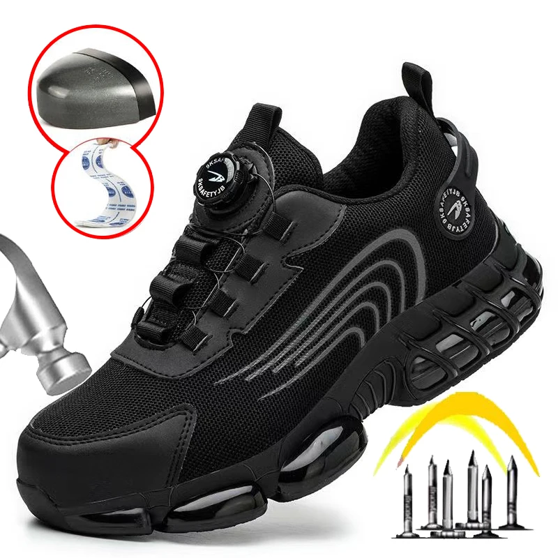 Anti-slip Safety Shoes Men Steel Toe Sneaker Puncture Proof Rotary Button Safety Work Boots Man Sport Work Shoes Anti-smash