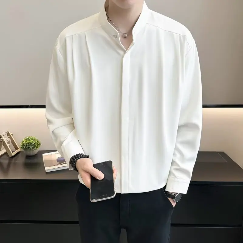 

Spring 2025 Men's Casual irt Stand Collar Loose Fit Long Sve Heavyweight 250 Pou New Chinese Sle Faionable Maturi
