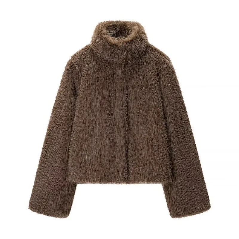 Women Faux Fur Cropped Jacket Stand Collar Plush Fluffy Short Coat Long Sleeve Warm Winter Outerwear Solid Casual Streetwear