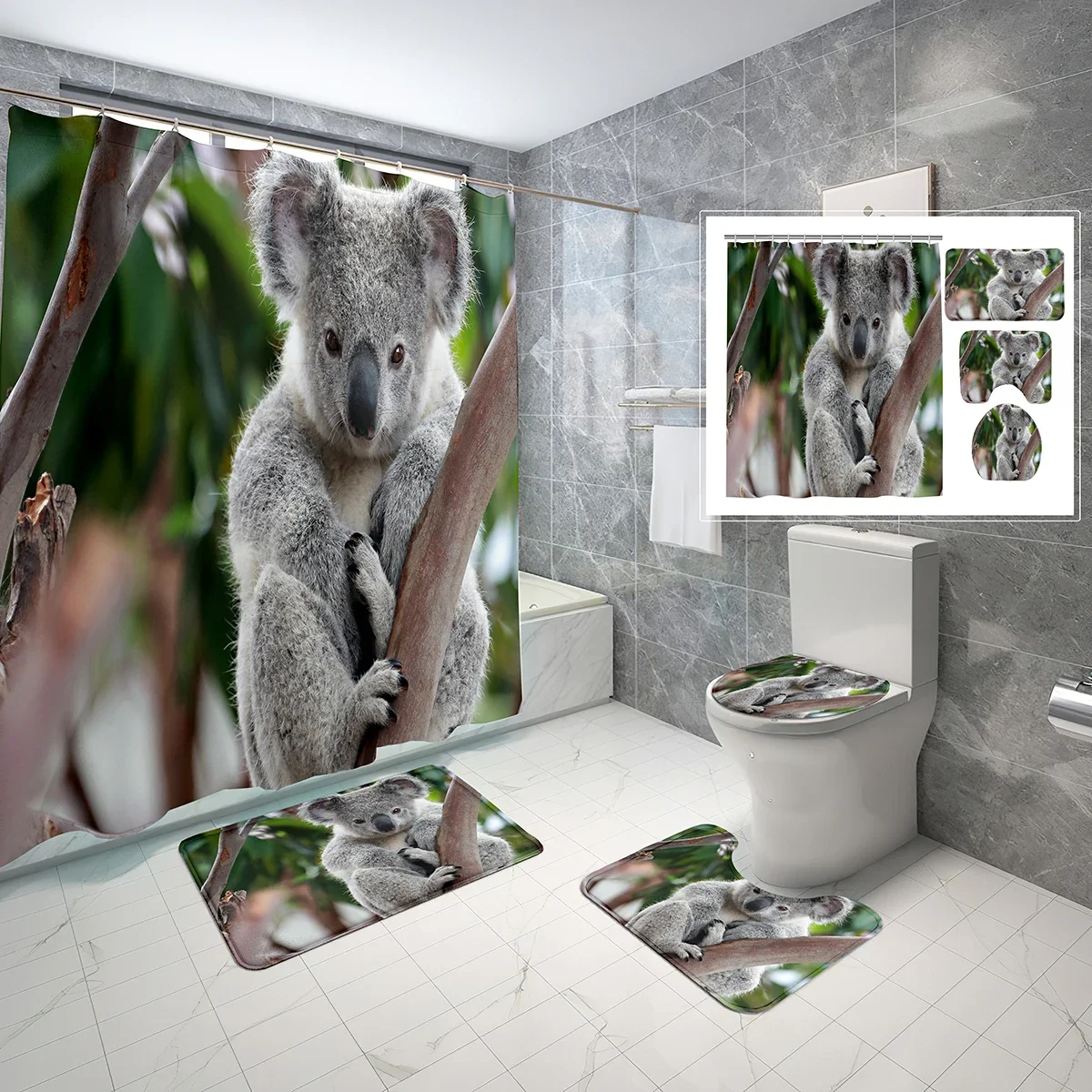 4 PCS Cute Animals Shower Curtain Sets,Grey Chubby Koala Bathroom Waterproof Bath Curtain,Non-Slip Bath Mat Toilet Cover Set