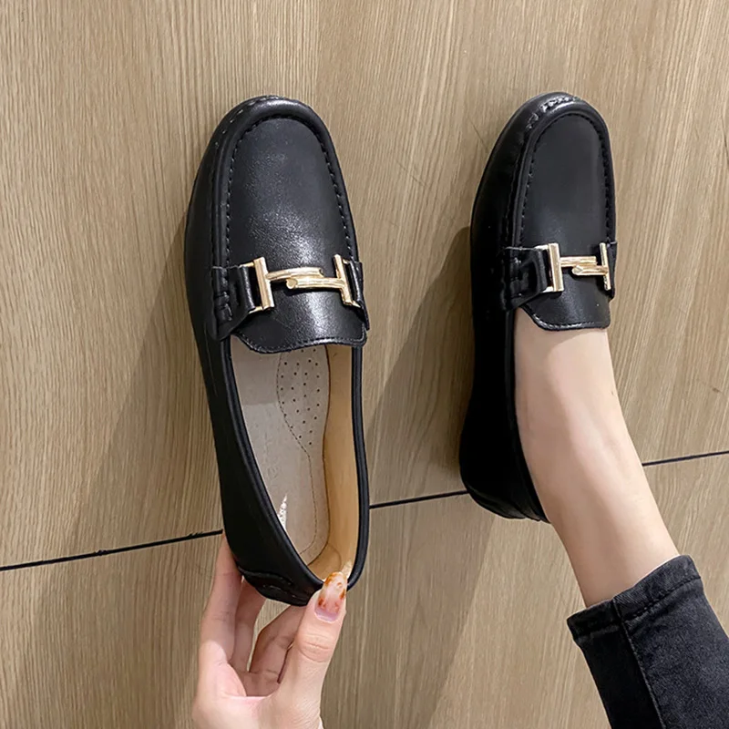 Designer Metal Buckle genuine leather shoes woman work flats breathable cowhide mocasines mujer luxury oxford shoes for women