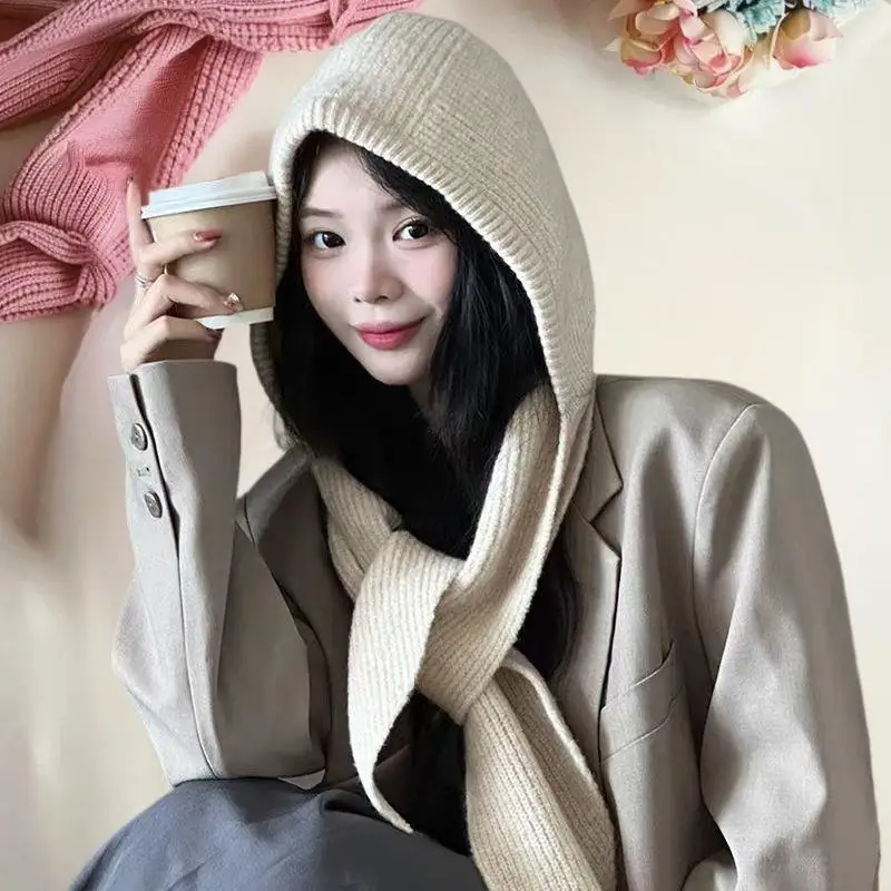 Stylish Wool Autumn-Winter Hat with Built-in Scarf and Earmuffs; Women's Trendy Knitted Neck Warmer Wool Cap.