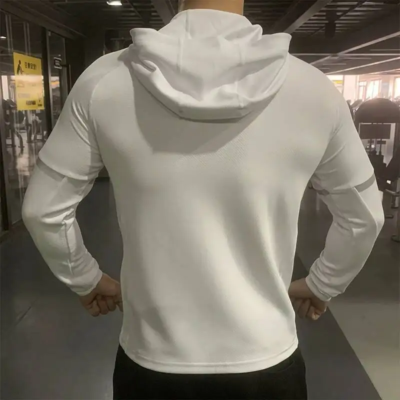 

Men Autumn Sports Sweatshirts Zipper Hoodies Running Fiess Elastic Hoody Male Long Sleeve Jackets With Hood Thick Coats White