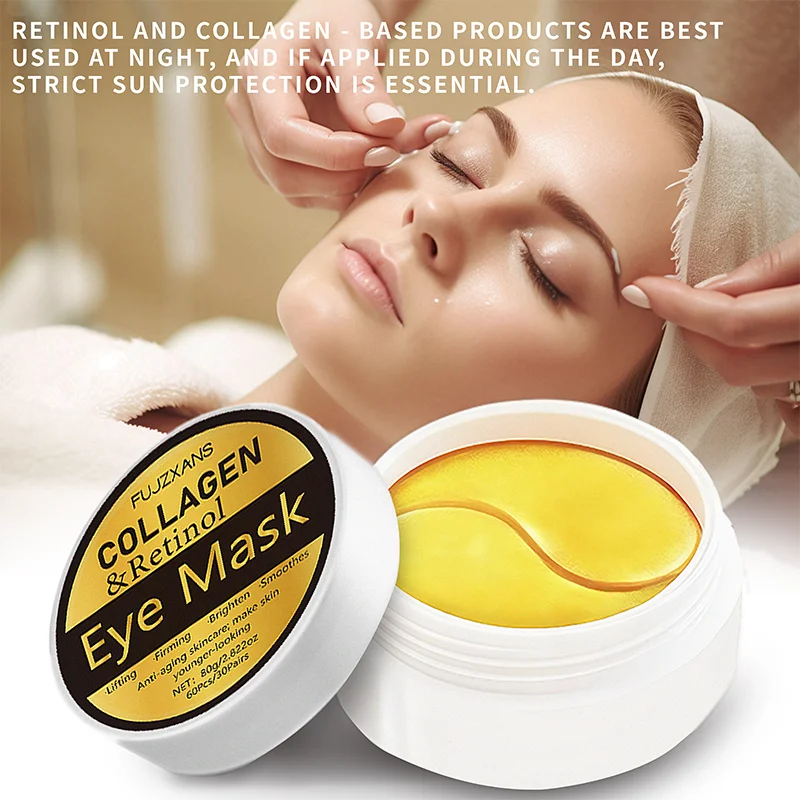 قناع عين الكولاجين الريتينول للهالات السوداء: 60 ورقة/صندوق، ترطيب، تفتيح رقع العين، تتلاشى الخطوط الدقيقة، رفع وتثبيت البشرة