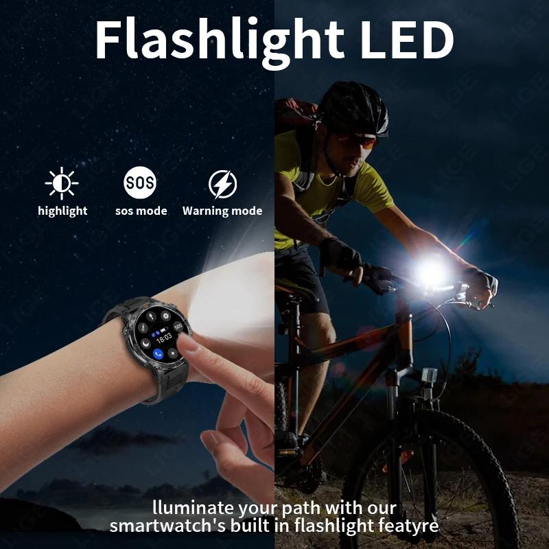 LIGE Military Sturdy Men Smart Watch LED Flashlight 1000mAh Battery Standby Outdoor Compass Sports Health Monitor Men Smartwatch