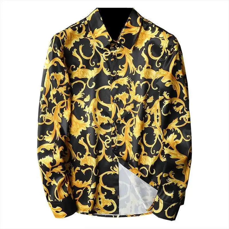Luxury Gold Paisley Baroque Shirt  2020 Autumn Long Sleeve Casual Shirt Slim Fit Camisa Masculine Gold Black Chemise Homme 5xl