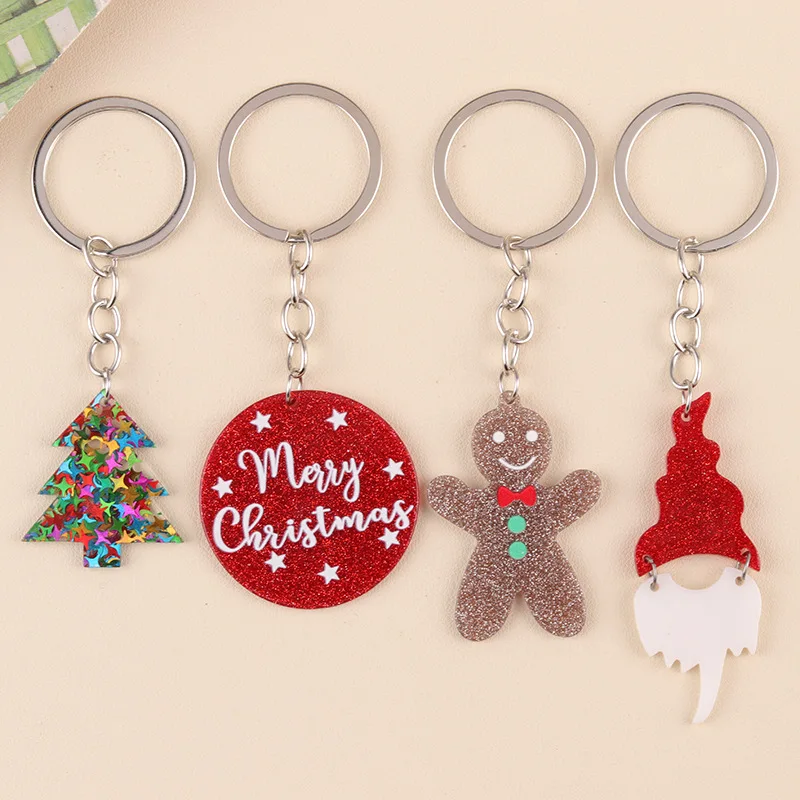 New 2PCS Creative Christmas Keychain Acrylic Christmas Tree Gingerbread Keychain Backpack Ornaments Pendant Keyring Jewelry Gift