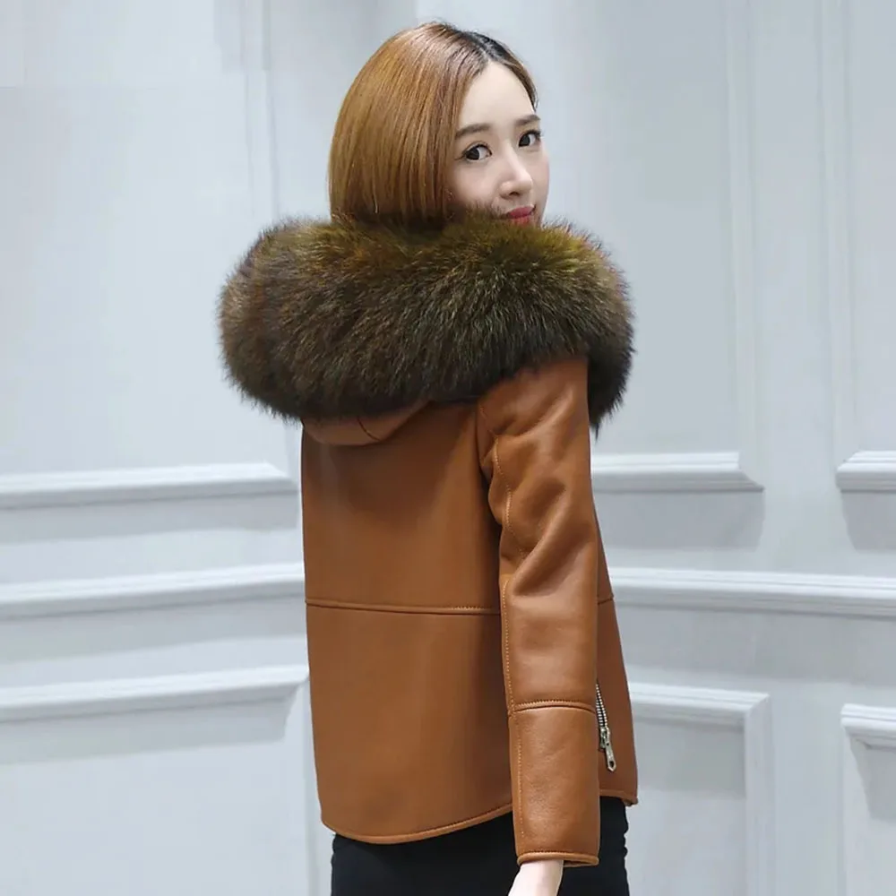 Ln Winter Pu Leather Jacket Female Short Korean Version Is Loose Slim Fleece Warm Fur Collar And Fashionable Fur Coat Female Tid