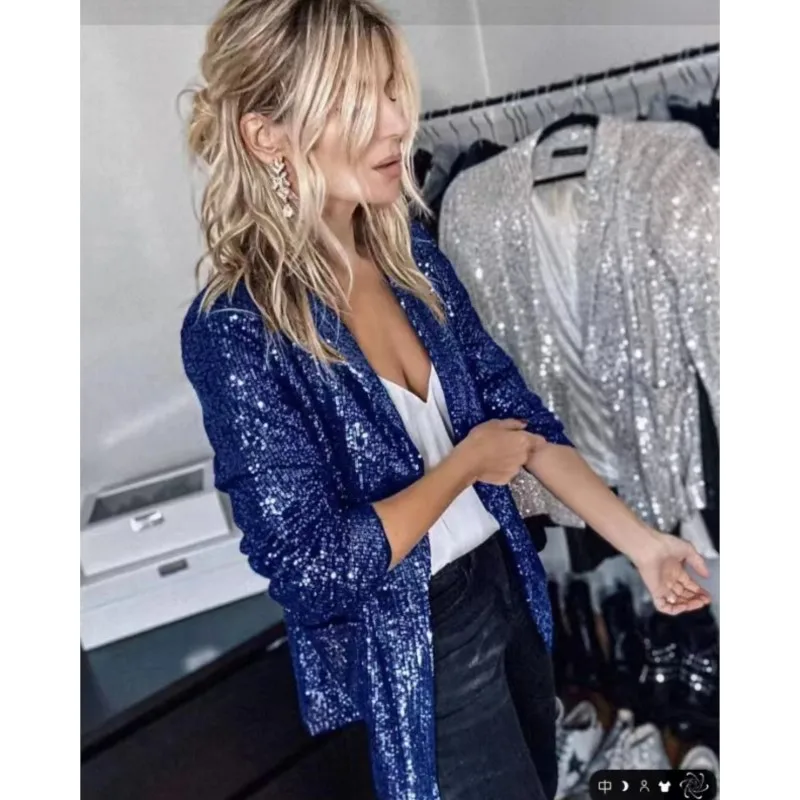 New Fashion Sequins Blazers Women\'s Suit Jacket Casual Long Sleeved Glitter Suits Party Wear Shiny Lapel Coat Women\'s Outerwear