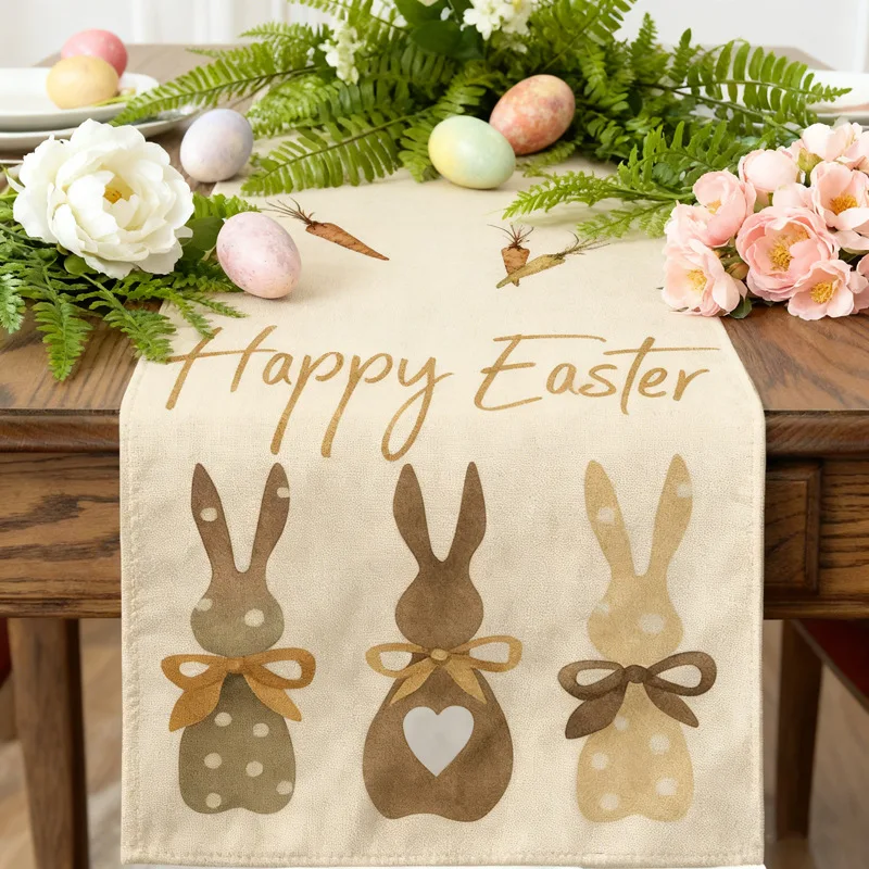 Cross-border Best-selling Easter Rabbit Table Runner Faux Linen Rabbit Tablecloth Easter Egg Living Room Dining Table Decoration