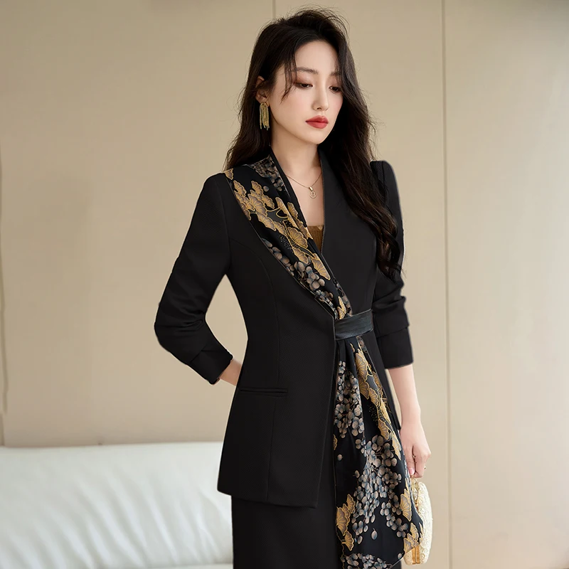 ZJYT Elegant Office Lady Long Sleeve Blazer Suit Skirt Sets for Women 2 Pieces Work Wear Plus Size Formal Business Outfit Autumn