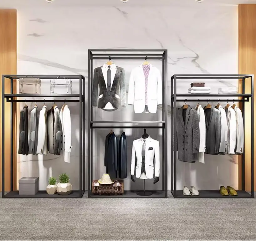 Clothing store display rack, floor standing men's clothing store, double-layer clothes rack, display rack, suit hanging