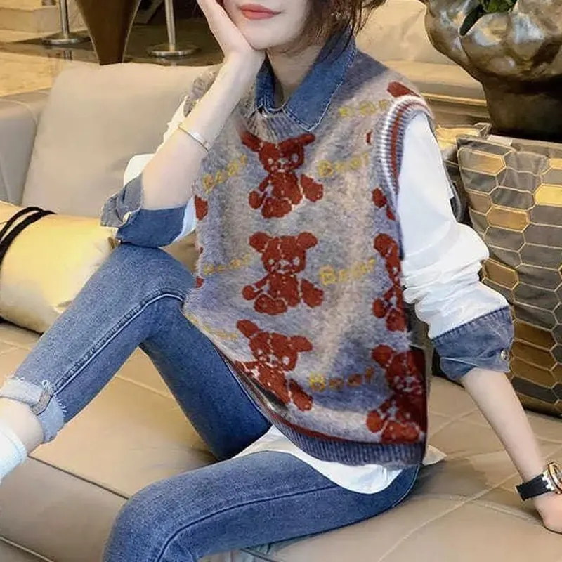 Streetwear Sleeveless O-Neck Sweater Vest Fashion Spliced Polo-Neck Chiffon Two Piece Set Autumn Winter Cartoon Knitted Jumpers