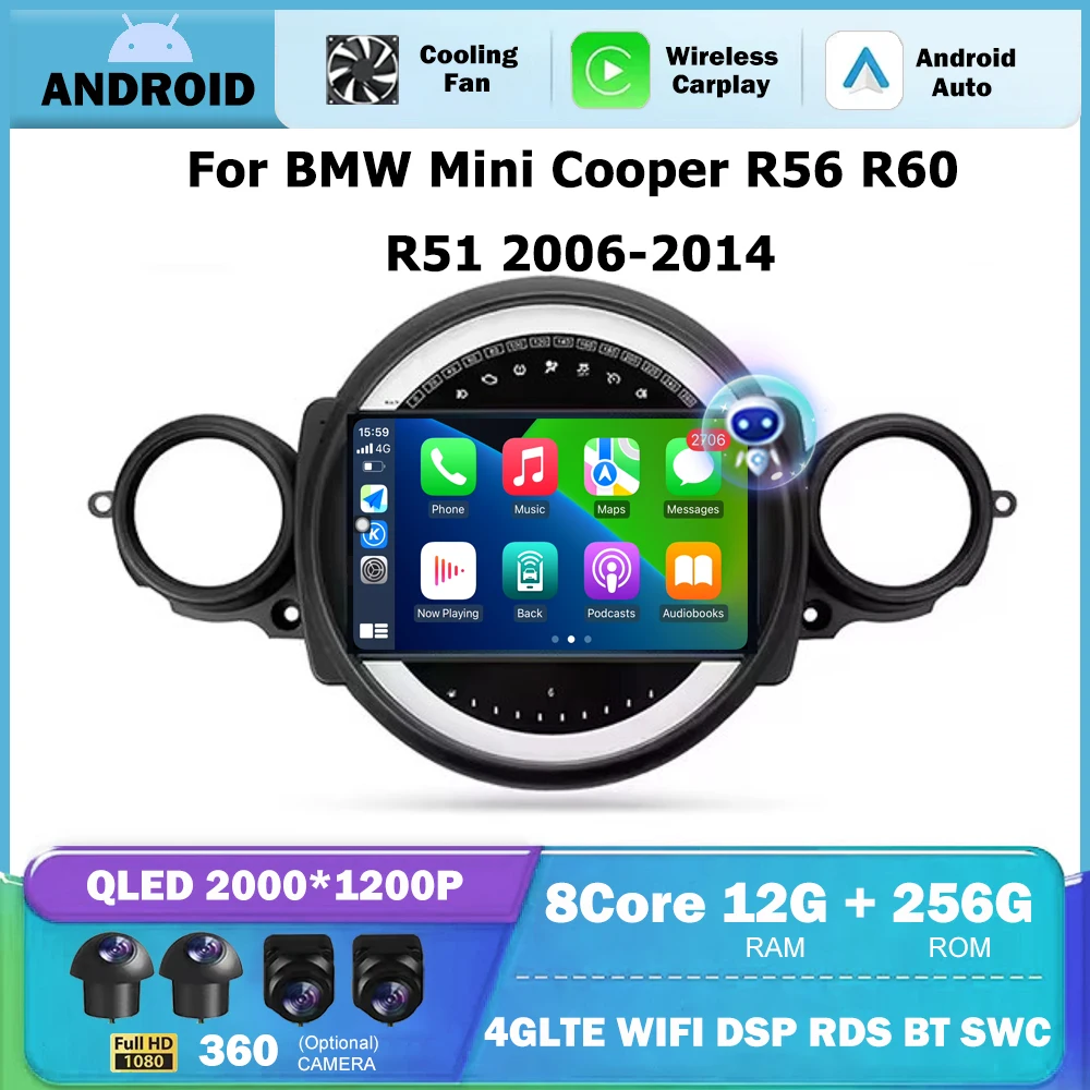 Android Auto Carplay 4G Wifi Screen BT DSP For BMW Mini Cooper R56 R60 R51 2006-2014 GPS Navigation Stereo Multimedia Player