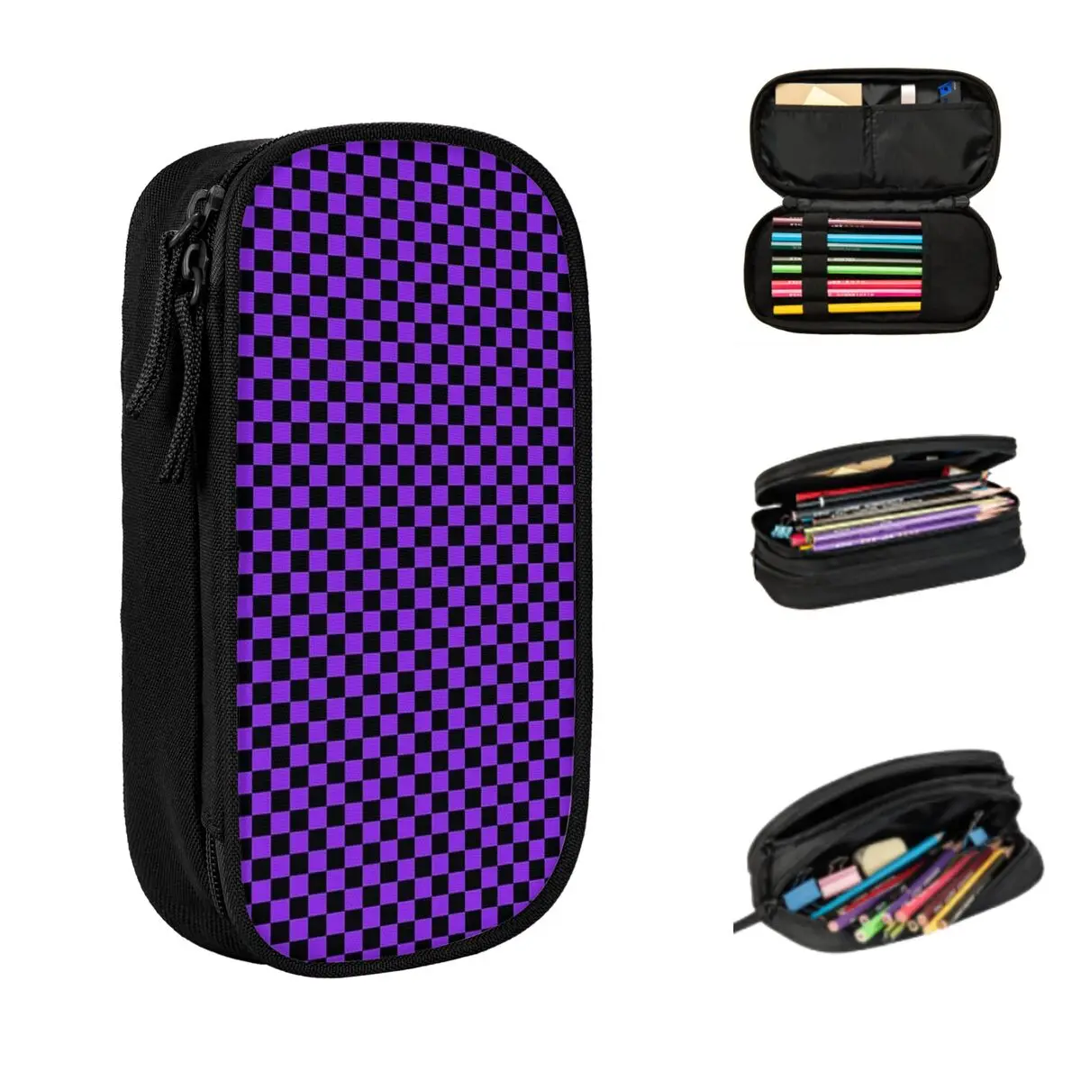 proton roxo e preto xadrez lapis cases grande capacidade caneta bolsas caixa de caneta bolsa de lapis para meninos meninas estudantes papelaria 01