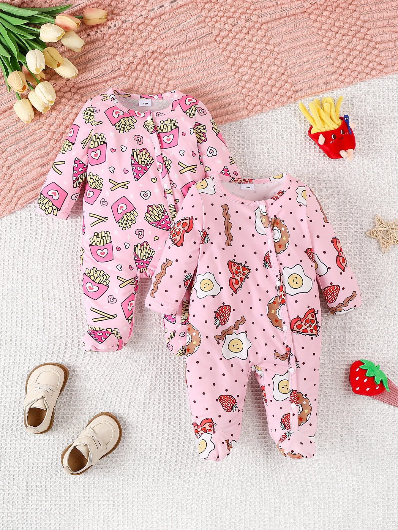 

Four Seasons Baby Girl Climbing Suit Pink Cartoon Newborn Onesie Long Sleeve Feet Romper Two-piece Set